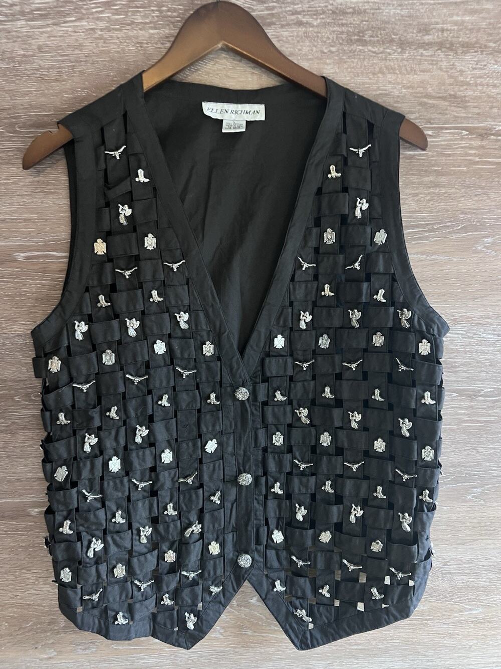 Vintage Ellen Richman Vest Size L Country Western Black Silver Charms Snap Front